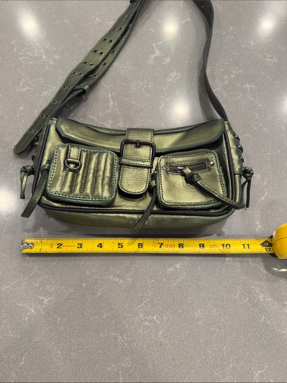 Leather Free People Olive Green Metallic Crossbody Shoulder Bag - Picture 2 of 8